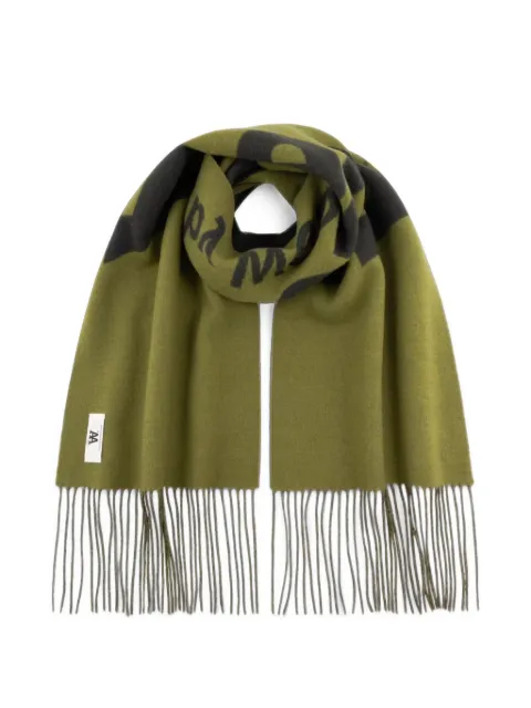 Wood Wood WWLeon logo-print fringed scarf Green 30251817