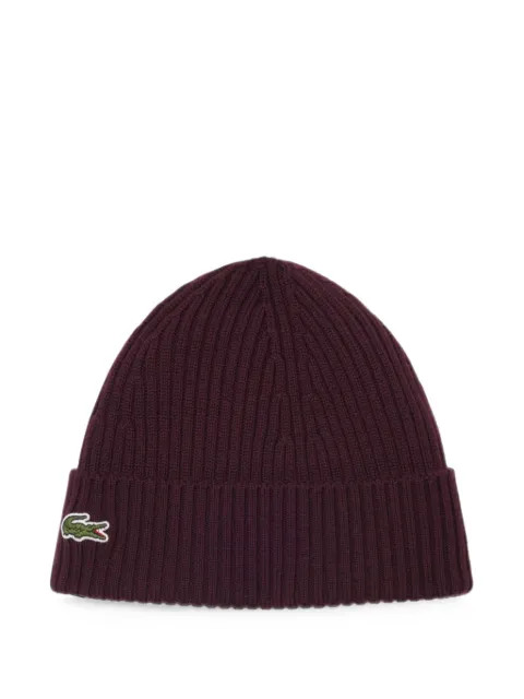Lacoste logo-patch ribbed-knit wool beanie hat Red RB0001