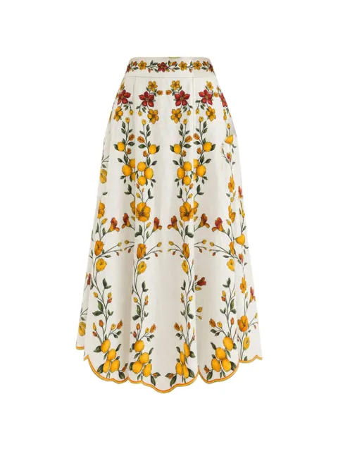 FARM Rio Lemon Bouquet scalloped-hem midi skirt Neutrals 355563