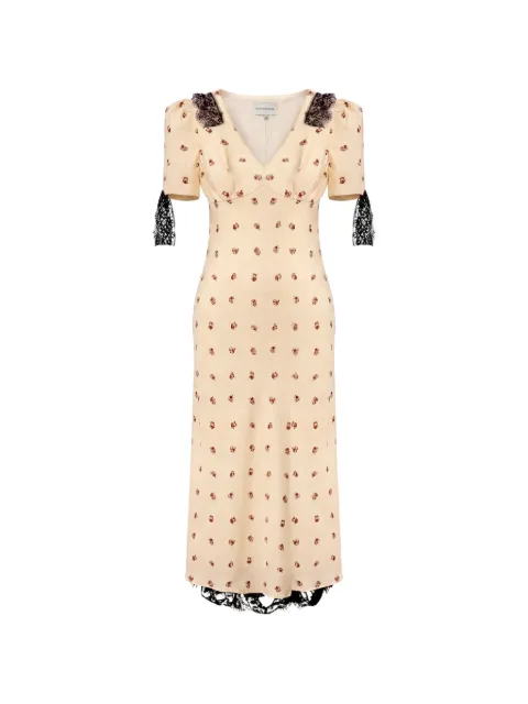 POST MERIDIEM lace-trim floral-print midi dress Neutrals FITTEDLACEMIDIDRESSWITHSHORTSLEEVES