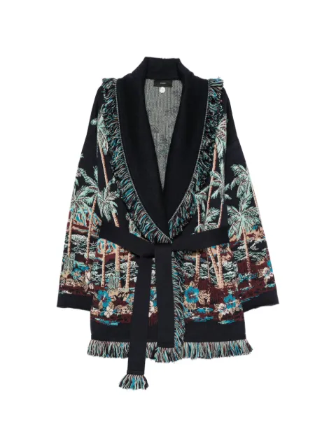 Alanui The Tale Of A Hawaiian palm-tree intarsia fringed-trim cardigan Blue LWHB064E26KNI0144684