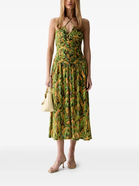 FARM Rio graphic-print ruched midi dress Green 356228