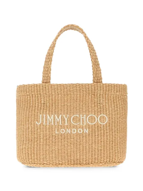Jimmy Choo mini logo-embroidered raffia tote bag Neutrals BEACHTOTE
