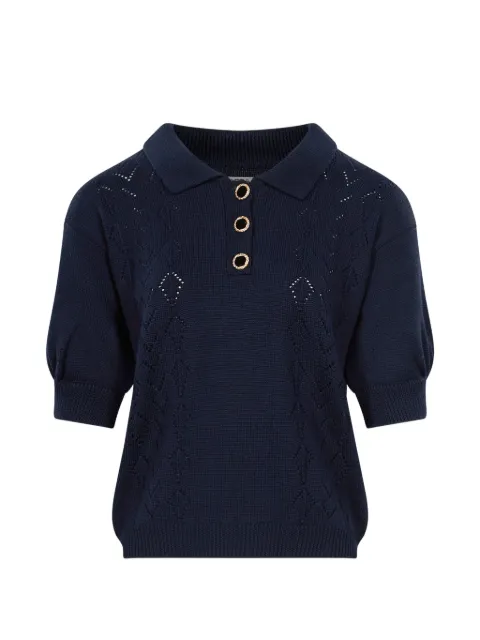 Alessandra Rich pointelle-knit puff-sleeve polo top Blue FABX4497K4847