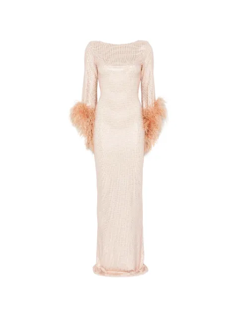 MIRON feather-trim crystal-embellished dress Neutrals 012
