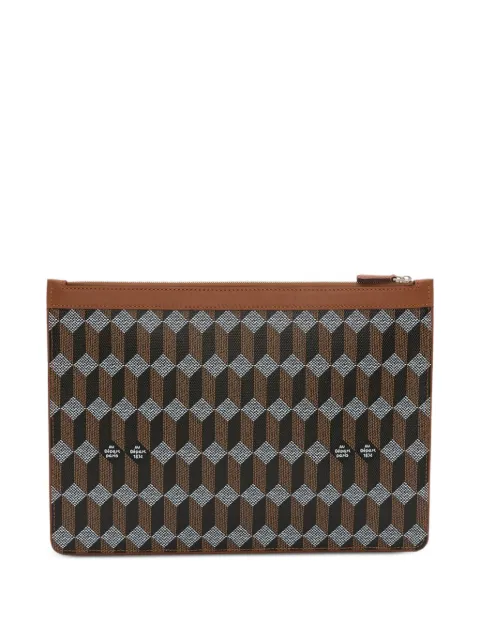 Au Départ geometric-print leather-trim clutch bag Brown SPOF006