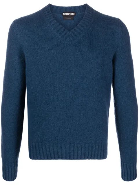 TOM FORD ribbed-knit V-neck jumper Blue KVL008YMK017F23
