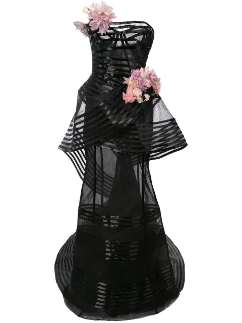 Marchesa floral-embellished strapless gown Black M21845